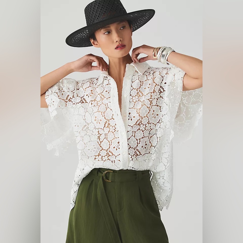 Maeve by Anthropologie Cutout Lace Short-Sleeve Buttondown Shirt NWT!